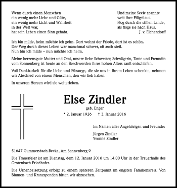 Anzeige von Else Zindler von Kölner Stadt-Anzeiger / Kölnische Rundschau / Express
