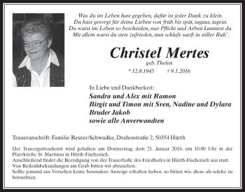 Anzeige von Christel Mertes von  Wochenende 