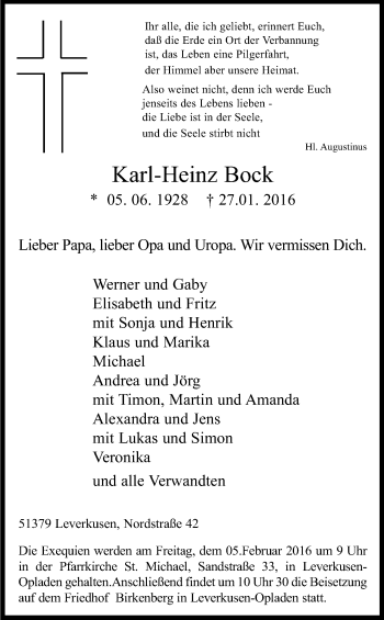 Anzeige von Karl-Heinz Bock von Kölner Stadt-Anzeiger / Kölnische Rundschau / Express