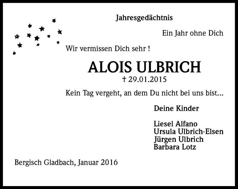  Traueranzeige für Alois Ulbrich vom 29.01.2016 aus Kölner Stadt-Anzeiger / Kölnische Rundschau / Express