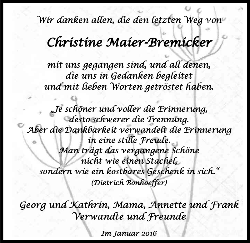  Traueranzeige für Christine Maier-Bremicker vom 23.01.2016 aus Kölner Stadt-Anzeiger / Kölnische Rundschau / Express