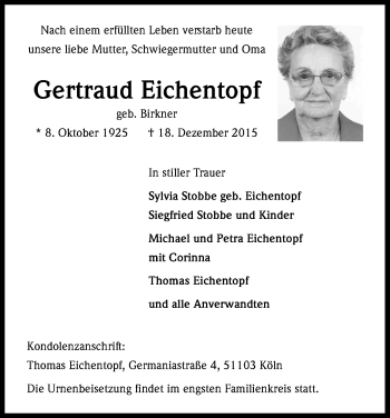 Anzeige von Gertraud Eichentopf von Kölner Stadt-Anzeiger / Kölnische Rundschau / Express