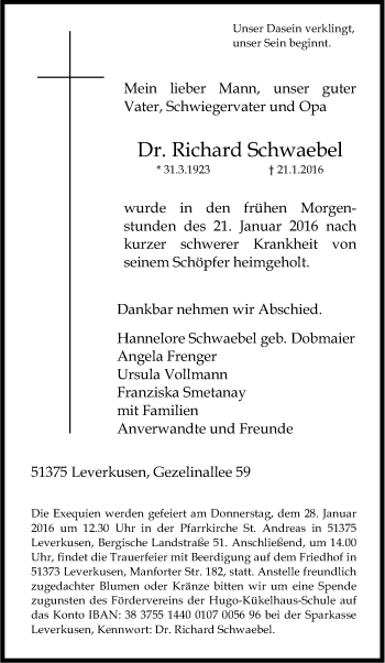 Anzeige von Richard Schwaebel von Kölner Stadt-Anzeiger / Kölnische Rundschau / Express