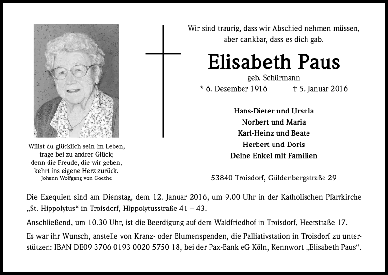  Traueranzeige für Elisabeth Paus vom 09.01.2016 aus Kölner Stadt-Anzeiger / Kölnische Rundschau / Express
