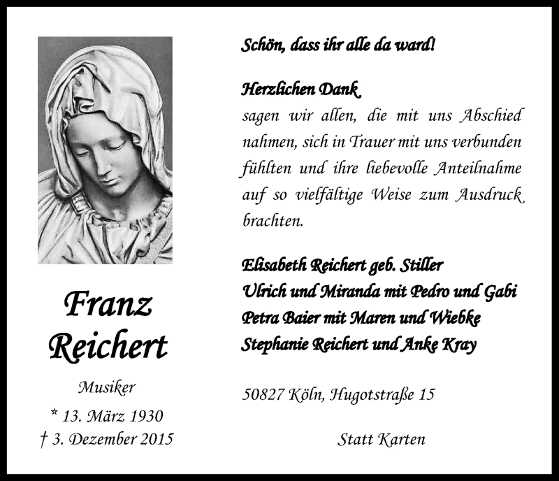  Traueranzeige für Franz Reichert vom 09.01.2016 aus Kölner Stadt-Anzeiger / Kölnische Rundschau / Express