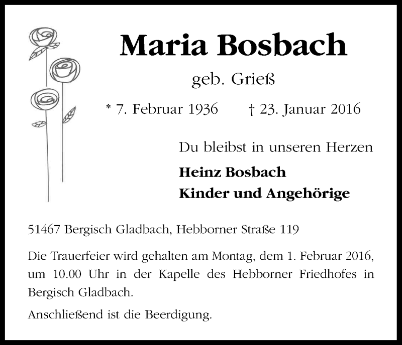  Traueranzeige für Maria Bosbach vom 27.01.2016 aus Kölner Stadt-Anzeiger / Kölnische Rundschau / Express