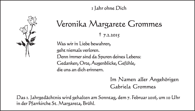  Traueranzeige für Veronika Margarete Grommes vom 27.01.2016 aus  Schlossbote/Werbekurier 