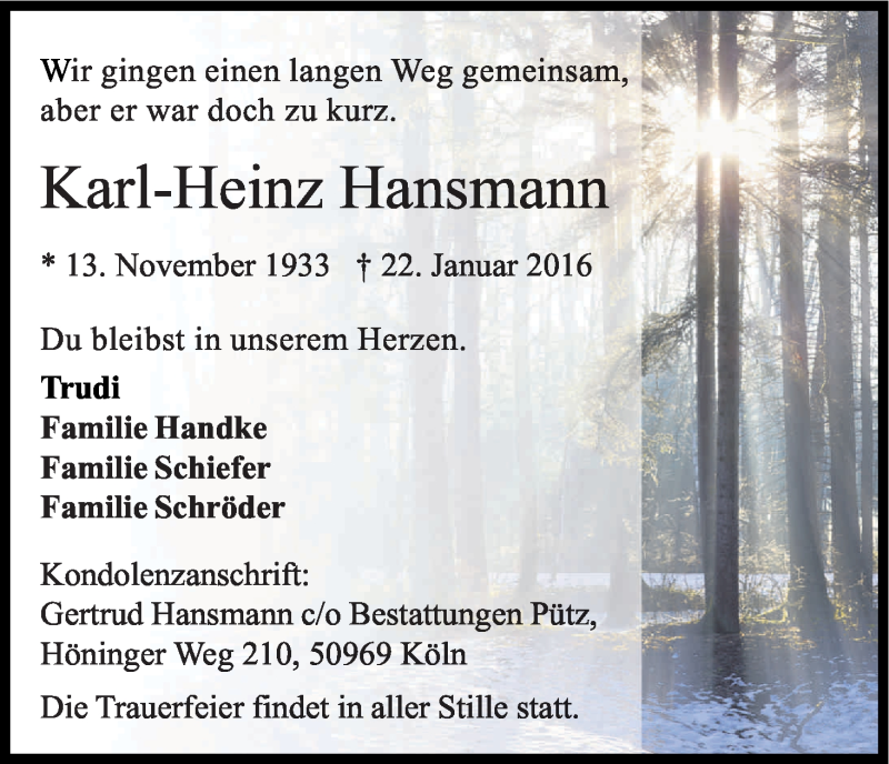  Traueranzeige für Karl-Heinz Hansmann vom 27.01.2016 aus Kölner Stadt-Anzeiger / Kölnische Rundschau / Express