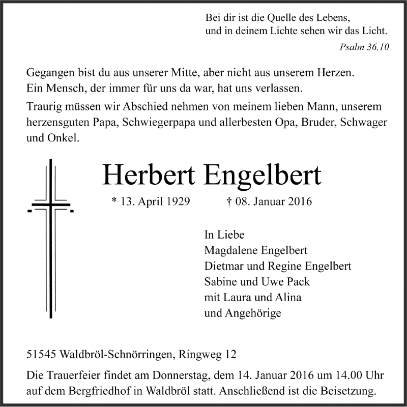  Traueranzeige für Herbert Engelbert vom 13.01.2016 aus  Lokalanzeiger 
