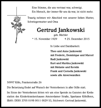 Anzeige von Gertrud Jankowski von Kölner Stadt-Anzeiger / Kölnische Rundschau / Express