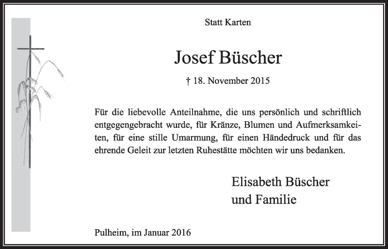  Traueranzeige für Josef Büscher vom 02.01.2016 aus  Sonntags-Post 