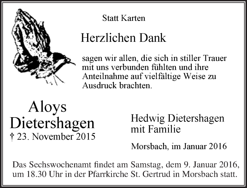  Traueranzeige für Aloys Dietershagen vom 06.01.2016 aus  Lokalanzeiger 