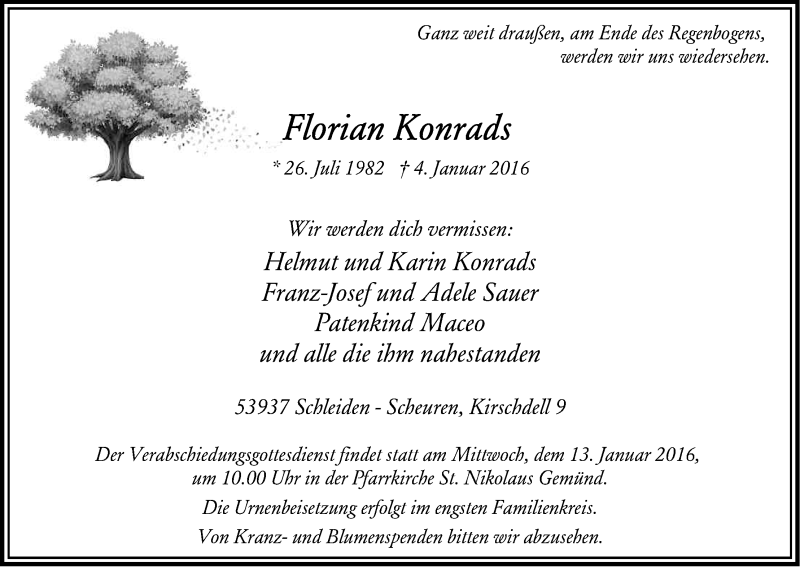  Traueranzeige für Florian Konrads vom 09.01.2016 aus Kölner Stadt-Anzeiger / Kölnische Rundschau / Express
