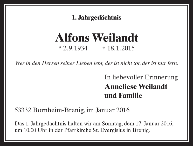 Traueranzeige für Alfons Weilandt vom 13.01.2016 aus  Schaufenster/Blickpunkt 