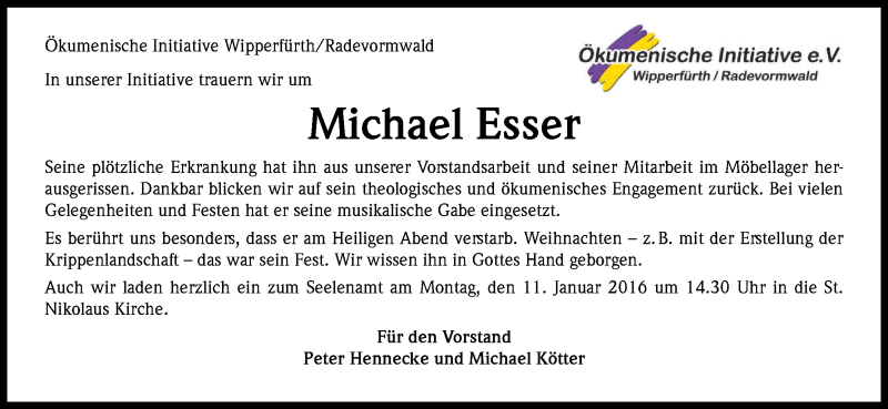  Traueranzeige für Michael Esser vom 09.01.2016 aus Kölner Stadt-Anzeiger / Kölnische Rundschau / Express