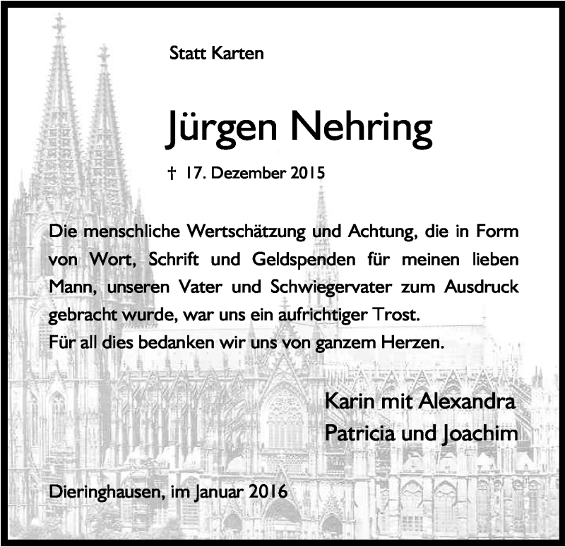  Traueranzeige für Jürgen Nehring vom 27.01.2016 aus Kölner Stadt-Anzeiger / Kölnische Rundschau / Express