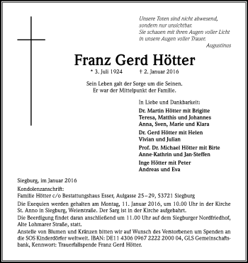 Anzeige von Franz Gerd Hötter von Kölner Stadt-Anzeiger / Kölnische Rundschau / Express