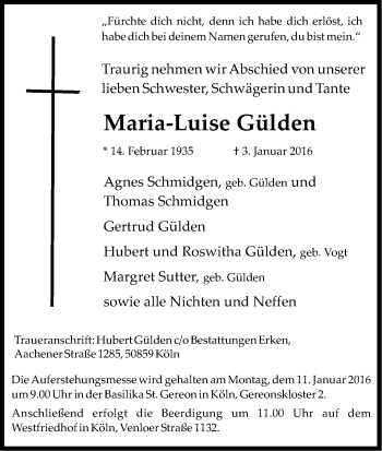 Anzeige von Maria-Luise Gülden von Kölner Stadt-Anzeiger / Kölnische Rundschau / Express