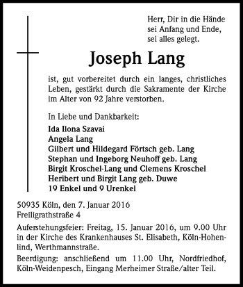 Anzeige von Joseph Lang von Kölner Stadt-Anzeiger / Kölnische Rundschau / Express