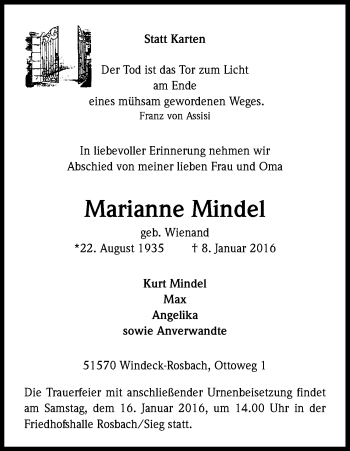 Anzeige von Marianne Mindel von Kölner Stadt-Anzeiger / Kölnische Rundschau / Express