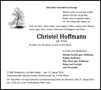 Anzeige von Christel Hoffmann von Kölner Stadt-Anzeiger / Kölnische Rundschau / Express