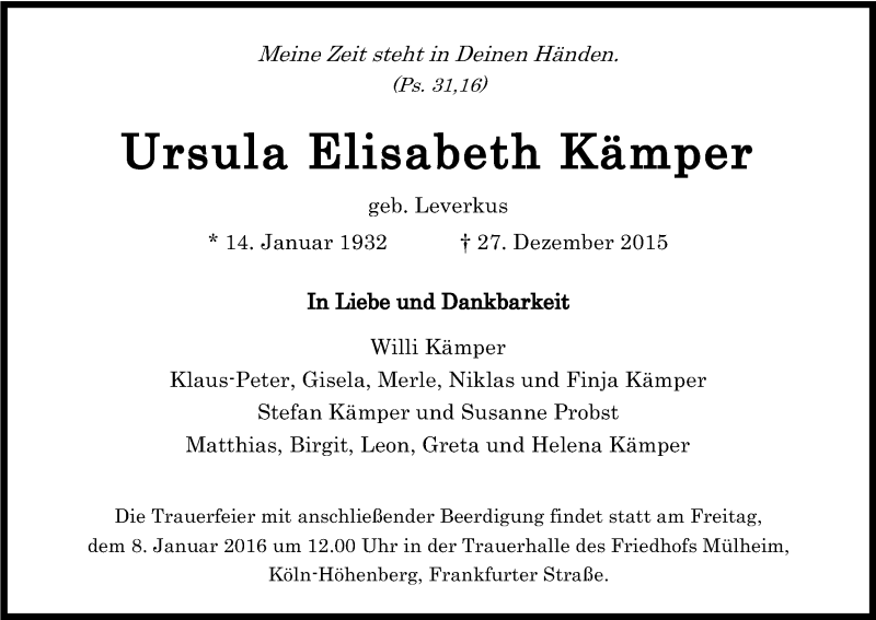  Traueranzeige für Ursula Elisabeth Kämper vom 02.01.2016 aus Kölner Stadt-Anzeiger / Kölnische Rundschau / Express