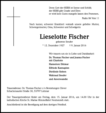 Anzeige von Lieselotte Fischer von Kölner Stadt-Anzeiger / Kölnische Rundschau / Express