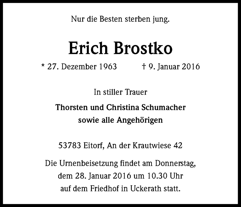  Traueranzeige für Erich Brostko vom 23.01.2016 aus Kölner Stadt-Anzeiger / Kölnische Rundschau / Express