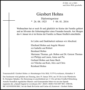 Anzeige von Giesbert Hohns von Kölner Stadt-Anzeiger / Kölnische Rundschau / Express