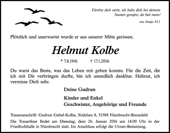Anzeige von Helmut Kolbe von  Lokalanzeiger 