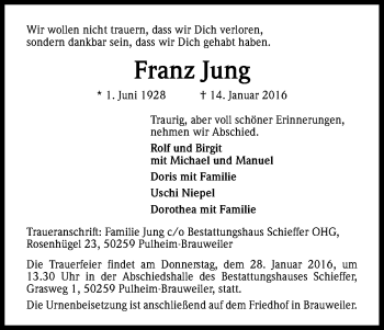 Anzeige von Franz Jung von Kölner Stadt-Anzeiger / Kölnische Rundschau / Express