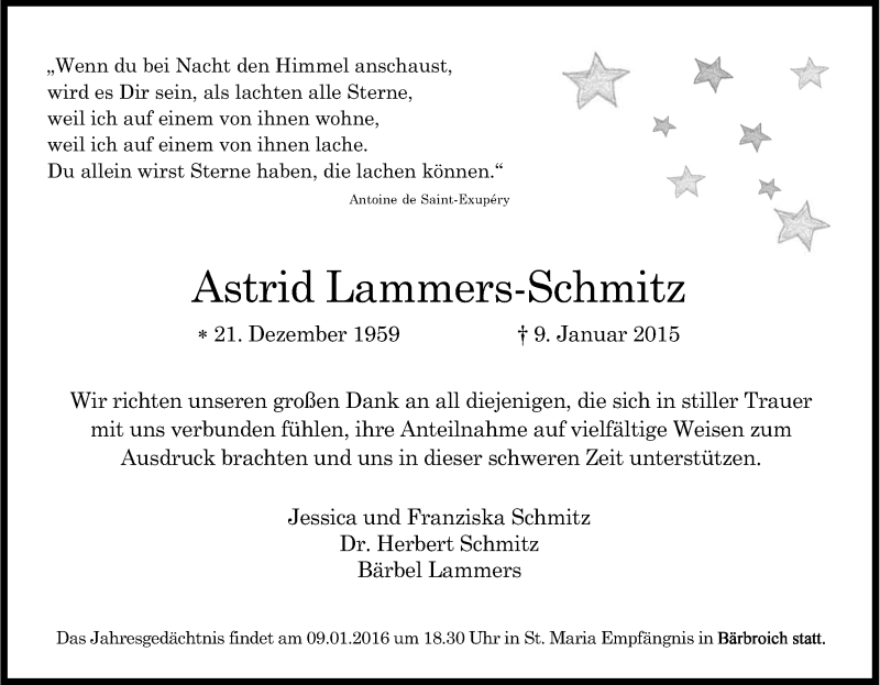  Traueranzeige für Astrid Lammers-Schmitz vom 09.01.2016 aus Kölner Stadt-Anzeiger / Kölnische Rundschau / Express