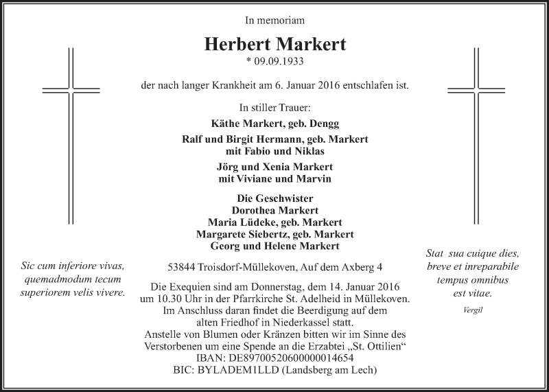  Traueranzeige für Herbert Markert vom 13.01.2016 aus  Extra Blatt 