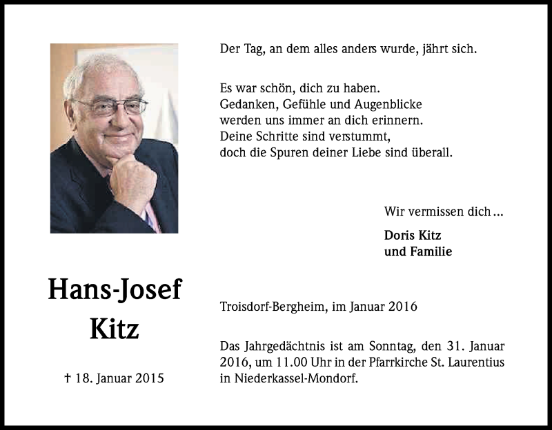 Traueranzeige für Hans-Josef Kitz vom 23.01.2016 aus Kölner Stadt-Anzeiger / Kölnische Rundschau / Express