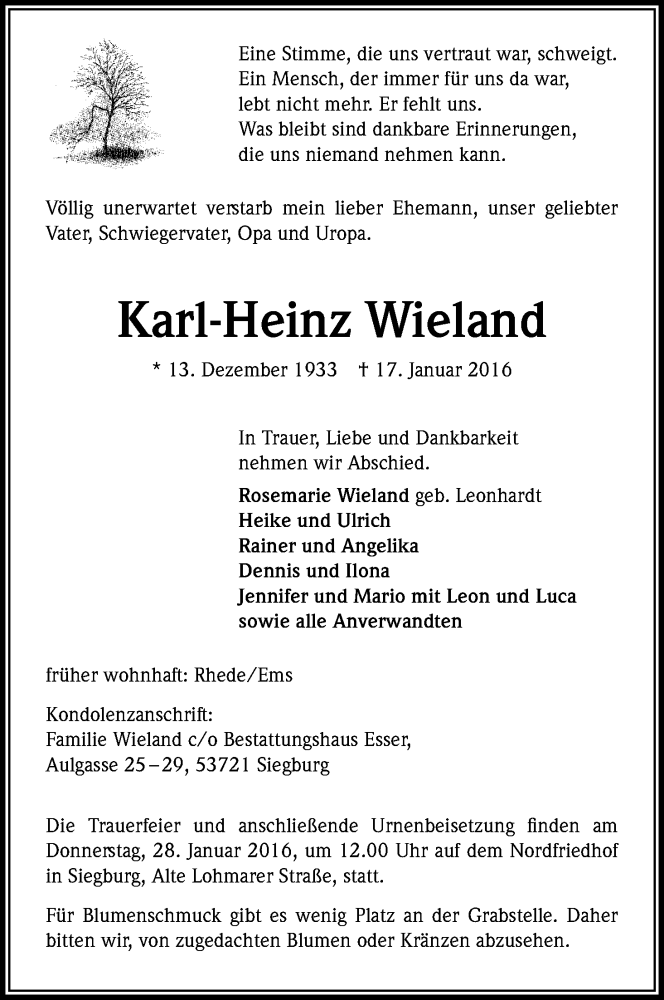  Traueranzeige für Karl-Heinz Wieland vom 25.01.2016 aus Kölner Stadt-Anzeiger / Kölnische Rundschau / Express