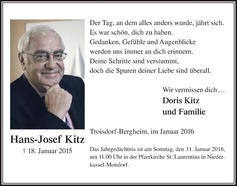  Traueranzeige für Hans-Josef Kitz vom 27.01.2016 aus  Extra Blatt 