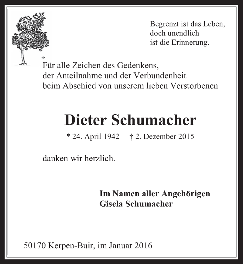  Traueranzeige für Dieter Schumacher vom 06.01.2016 aus  Werbepost 