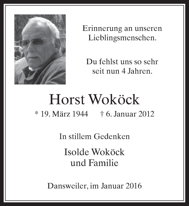  Traueranzeige für Horst Woköck vom 06.01.2016 aus  Wochenende 