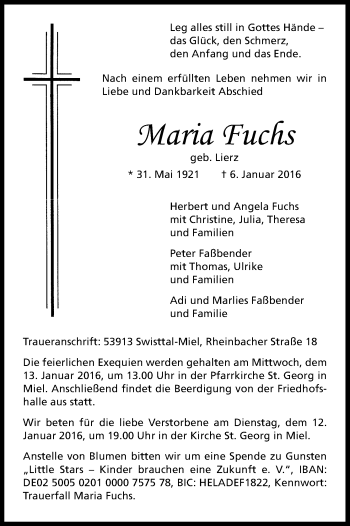 Anzeige von Maria Fuchs von Kölner Stadt-Anzeiger / Kölnische Rundschau / Express