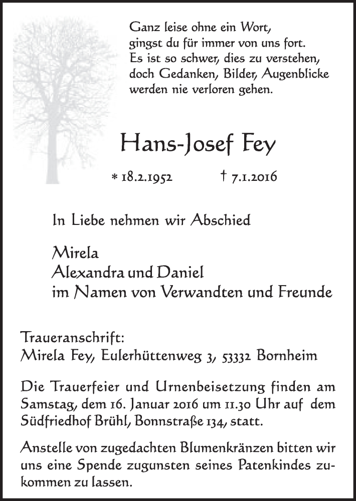  Traueranzeige für Hans-Josef Fey vom 13.01.2016 aus  Schlossbote/Werbekurier 