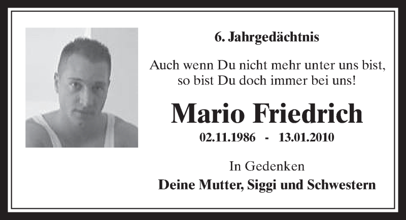  Traueranzeige für Mario Friedrich vom 16.01.2016 aus  Sonntags-Post 