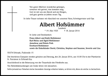 Anzeige von Albert Hofsümmer von Kölner Stadt-Anzeiger / Kölnische Rundschau / Express