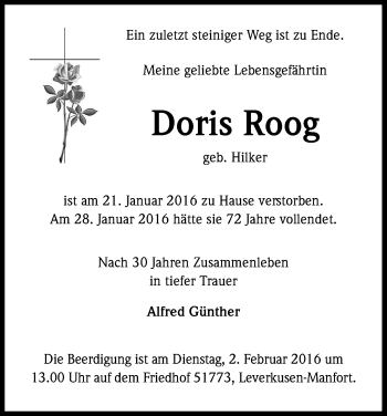 Anzeige von Doris Roog von Kölner Stadt-Anzeiger / Kölnische Rundschau / Express