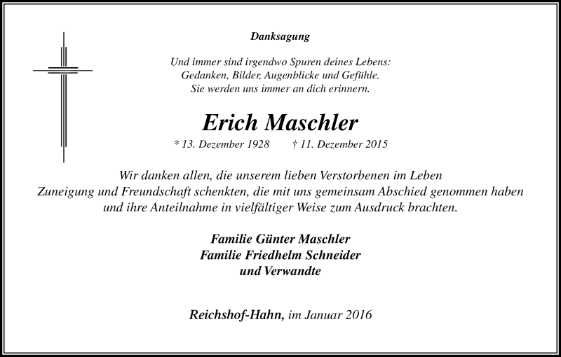  Traueranzeige für Erich Maschler vom 30.01.2016 aus Kölner Stadt-Anzeiger / Kölnische Rundschau / Express