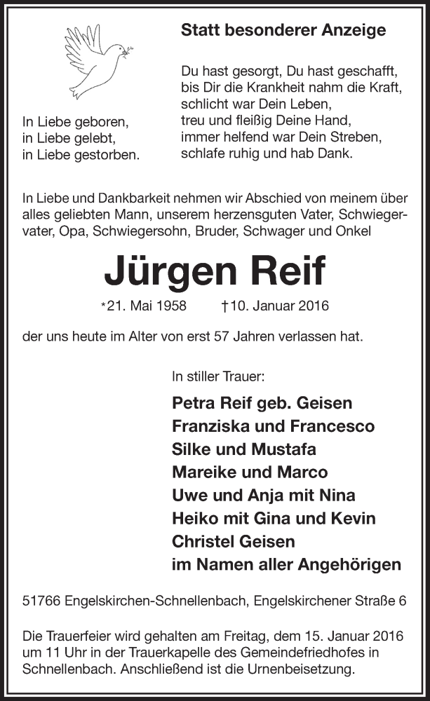  Traueranzeige für Jürgen Reif vom 13.01.2016 aus  Anzeigen Echo 