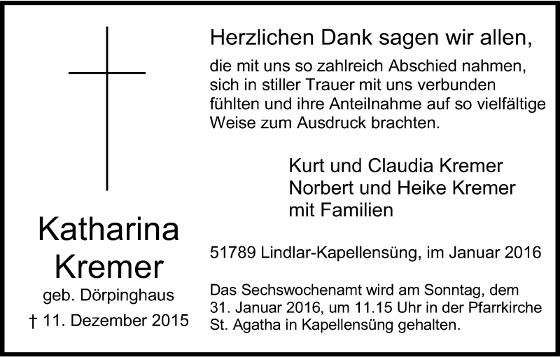  Traueranzeige für Katharina Kremer vom 23.01.2016 aus Kölner Stadt-Anzeiger / Kölnische Rundschau / Express