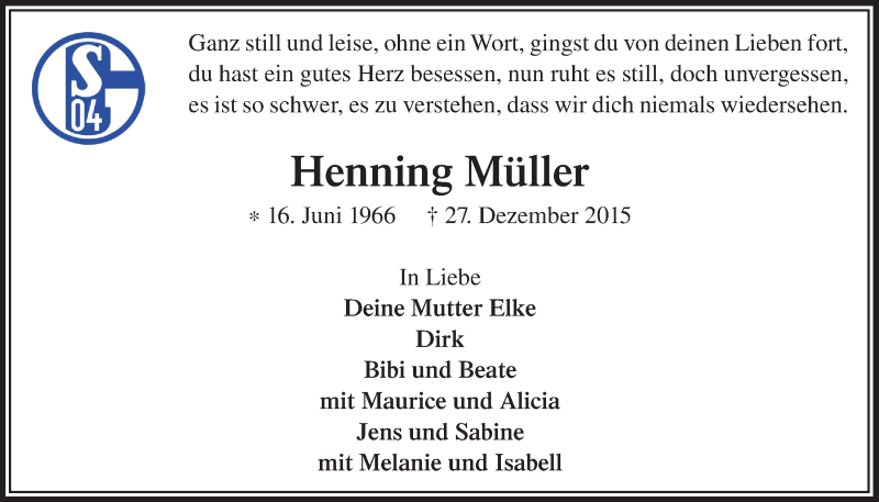  Traueranzeige für Henning Müller vom 06.01.2016 aus  Bergisches Handelsblatt 