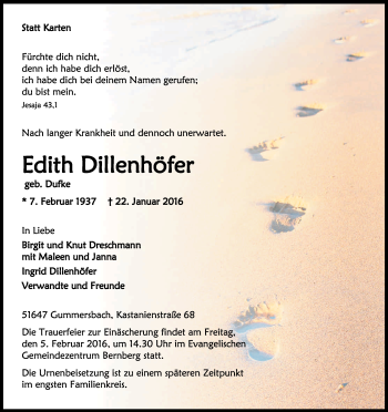 Anzeige von Edith Dillenhöfer von Kölner Stadt-Anzeiger / Kölnische Rundschau / Express
