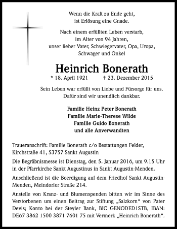 Anzeige von Heinrich Bonerath von Kölner Stadt-Anzeiger / Kölnische Rundschau / Express