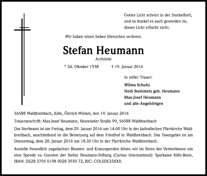 Traueranzeige für Stefan Heumann vom 23.01.2016 aus Kölner Stadt-Anzeiger / Kölnische Rundschau / Express